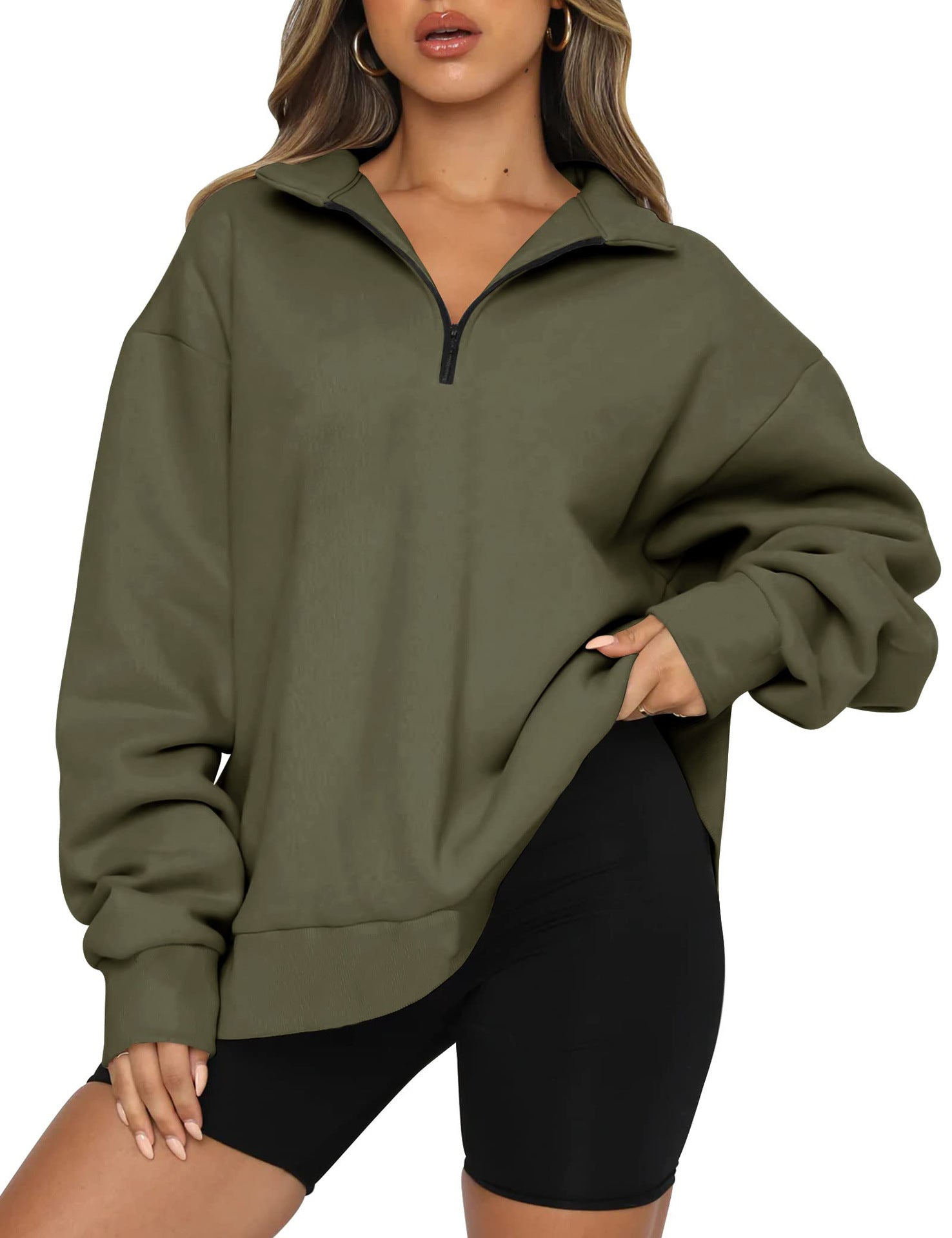 Damen Sportlicher Oversized Pullover mit Reißverschluss und seitlichem Schlitz WW