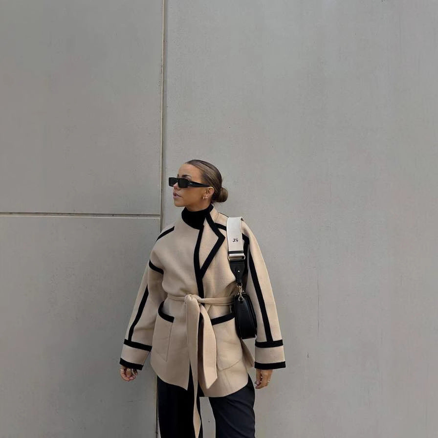 Damen elegante Blazerjacke mit Taillengürtel und Kontrastnähten WW