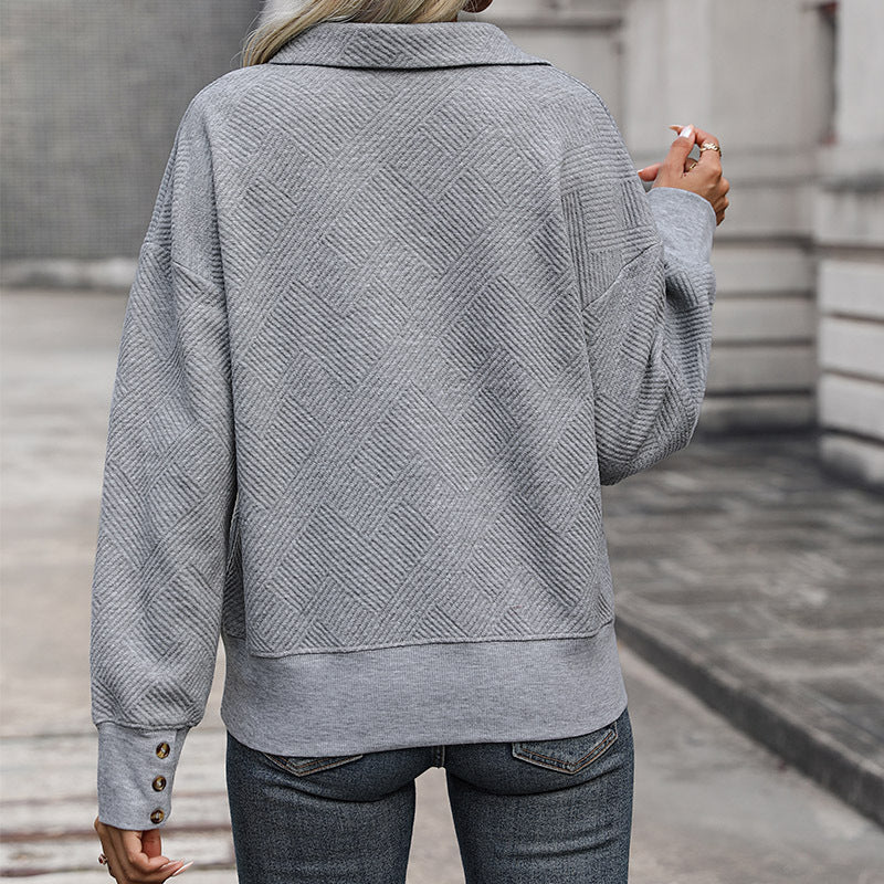 Damen lässiger Pullover mit dekorativem Strukturmuster und offenem Kragen WW