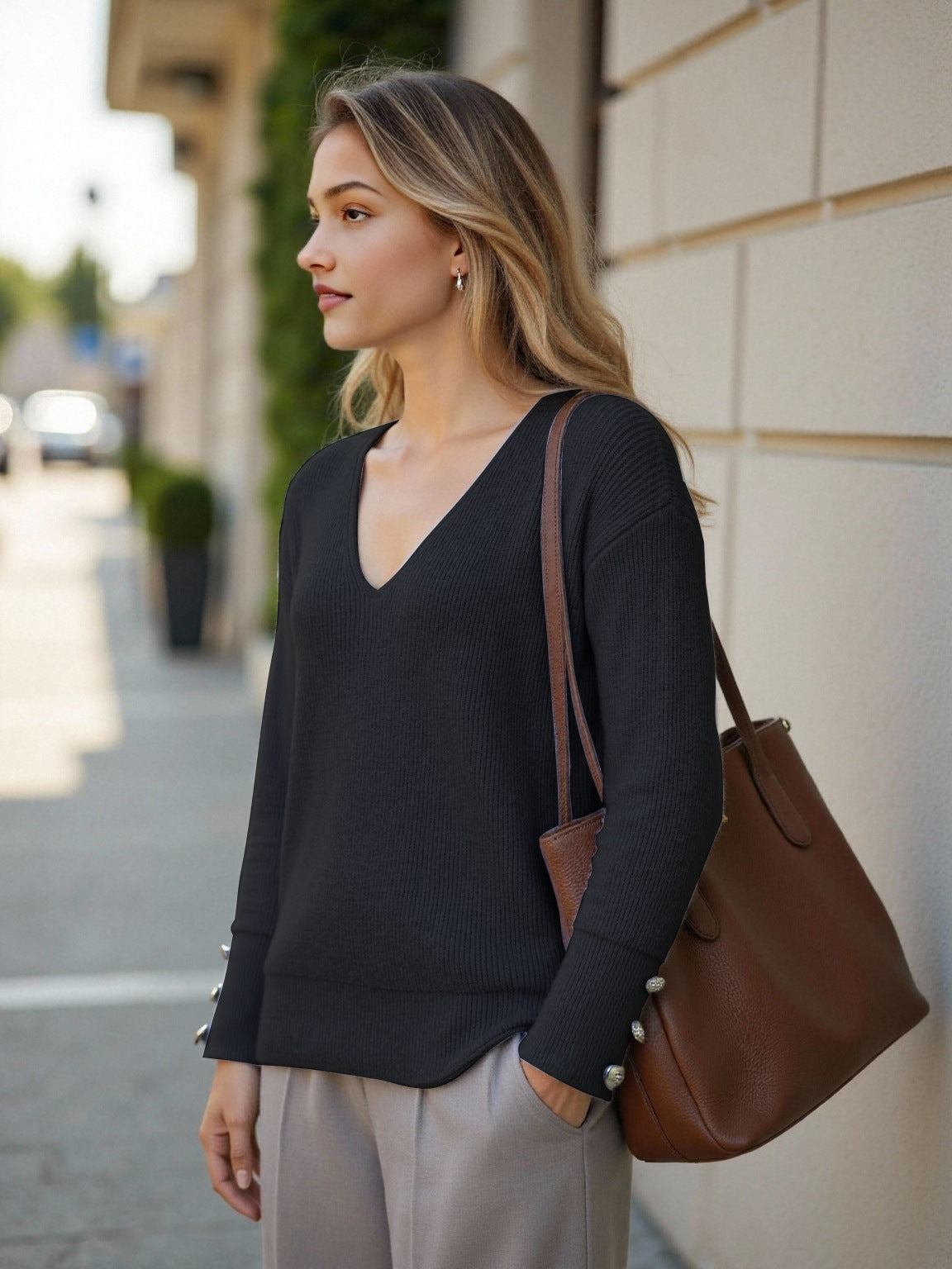 Damen V-Ausschnitt Strickpullover mit dekorativen Knöpfen WW