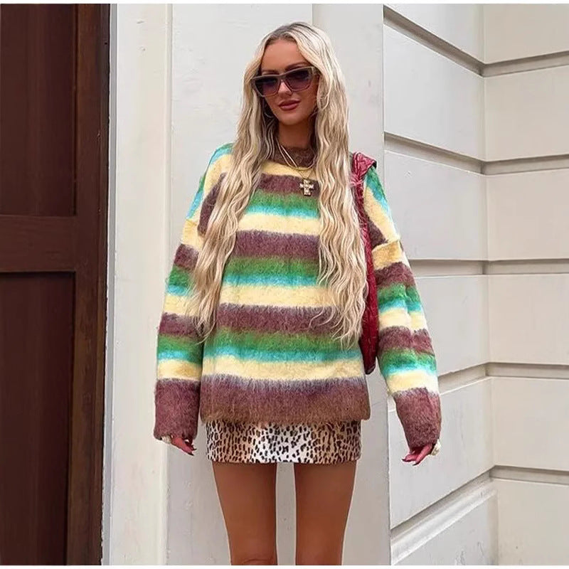 Damen Oversized Strickpullover mit farbenfrohen Streifen WW