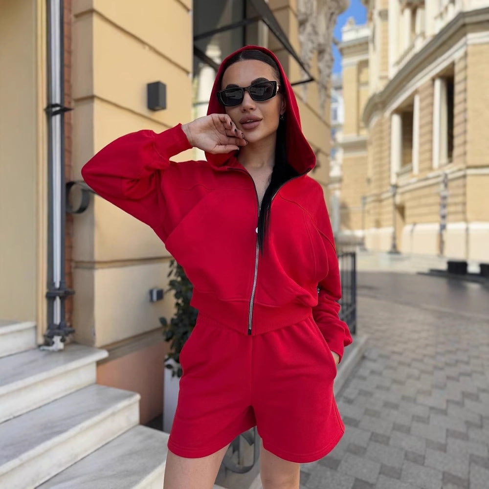 Damen lässiges Cropped Hoodie- und Shorts-Set mit praktischen Kordelzügen WW
