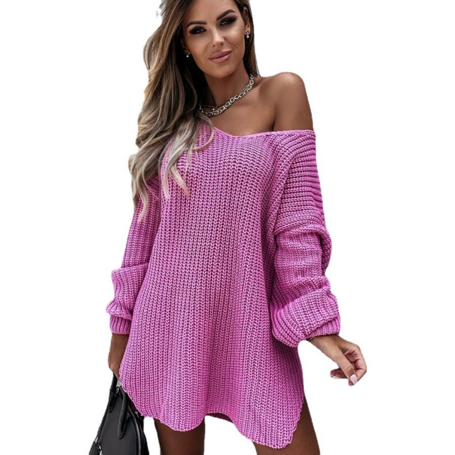 Damen lässiges Oversized-Strickkleid mit weitem Ausschnitt WW