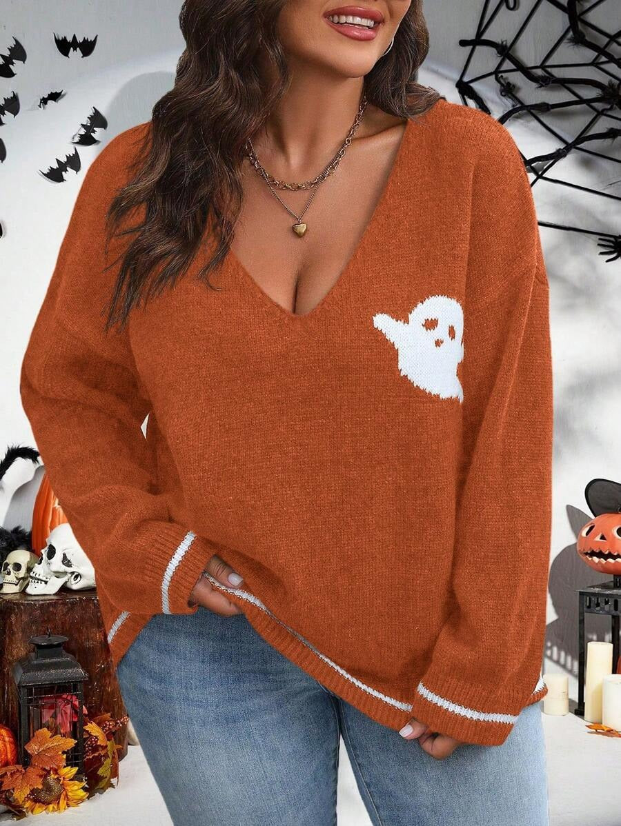 Damen Strickpullover mit Ghost-Motiv und V-Ausschnitt WW