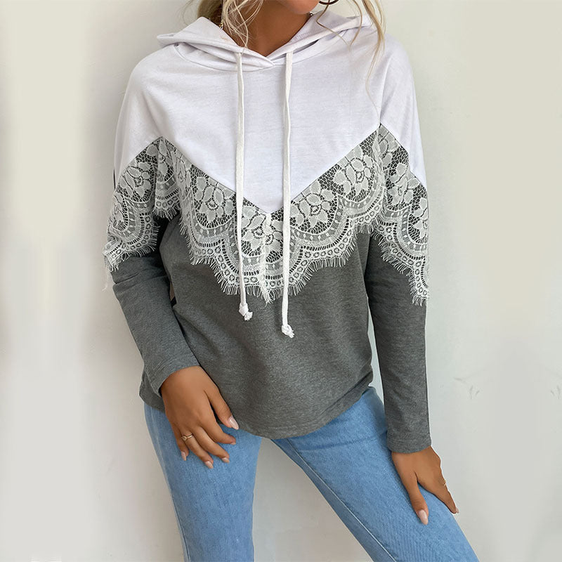 Damen Kapuzenpullover mit elegantem Spitzendesign und kontrastierenden Farben WW
