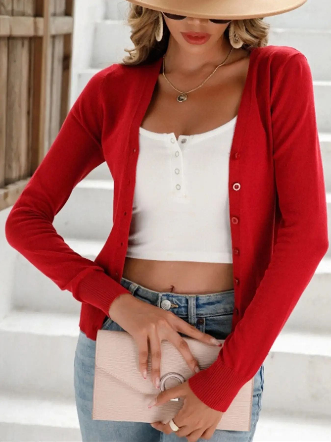 Damen lässiger Langarm-Cardigan mit Knopfverschluss WW