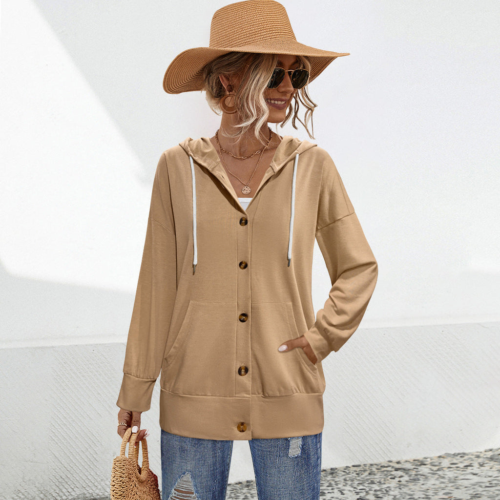 Damen leichte Kapuzenjacke mit praktischen Taschen und Knopfverschluss WW