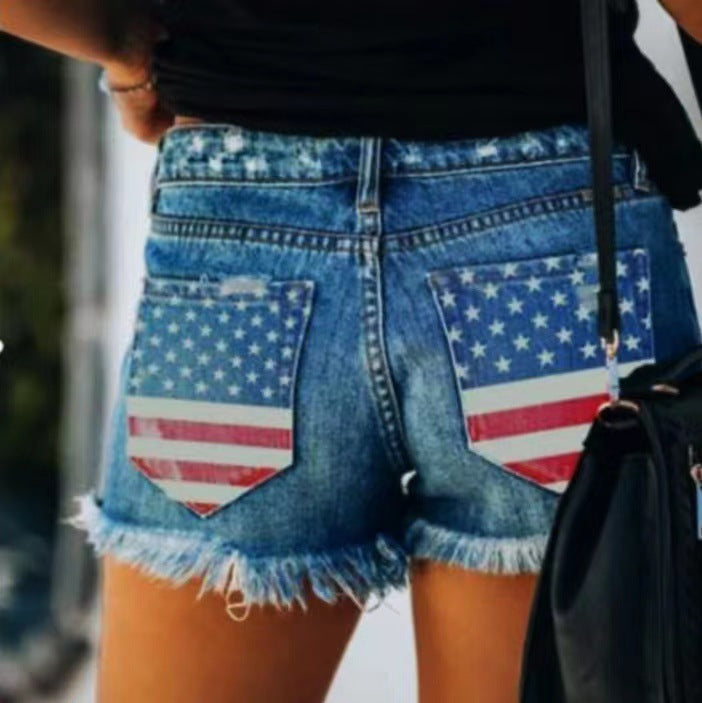 Damen Jeans-Shorts mit amerikanischem Flaggenmuster WW