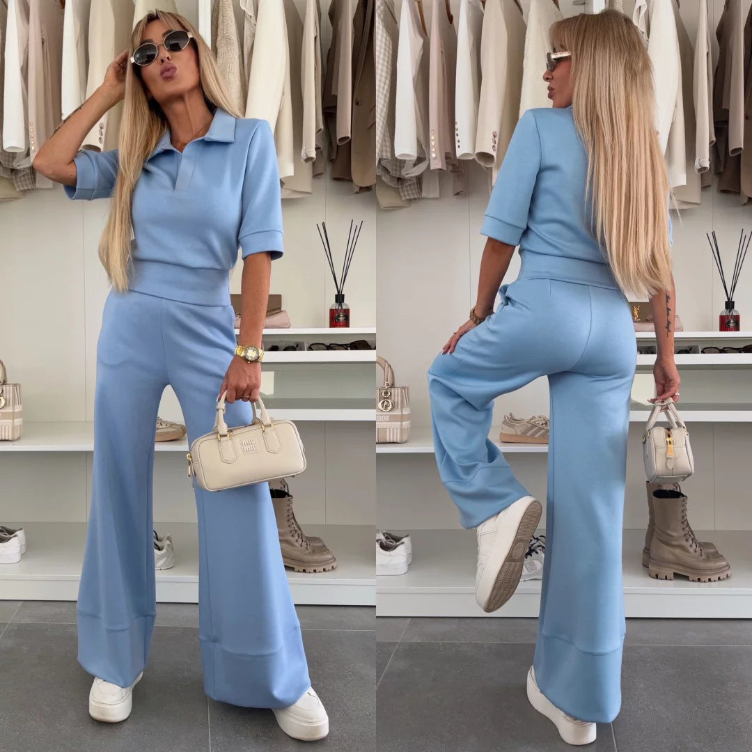 Damen sportliches Lounge-Set mit modernem Polo-Kragen und weit geschnittenen Hosen WW