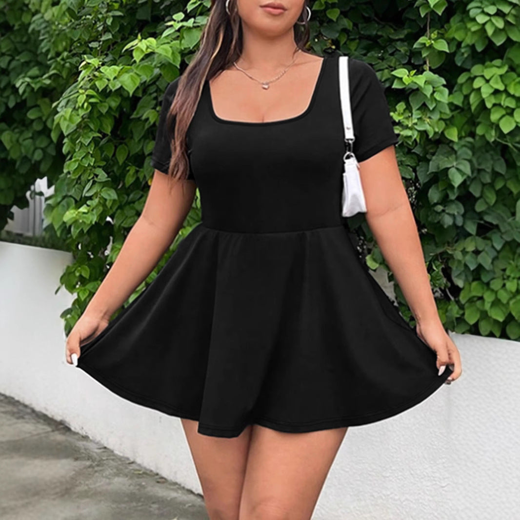 Damen Kurzarm Kleid mit geflattertem Rock und modernem Ausschnitt WW