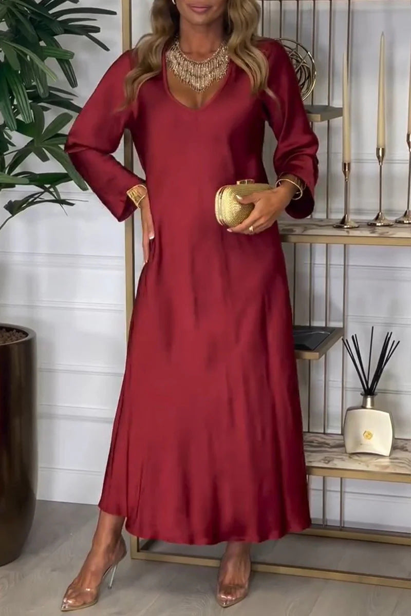 Damen elegantes Maxikleid mit tiefem V-Ausschnitt und fließendem Schnitt WW