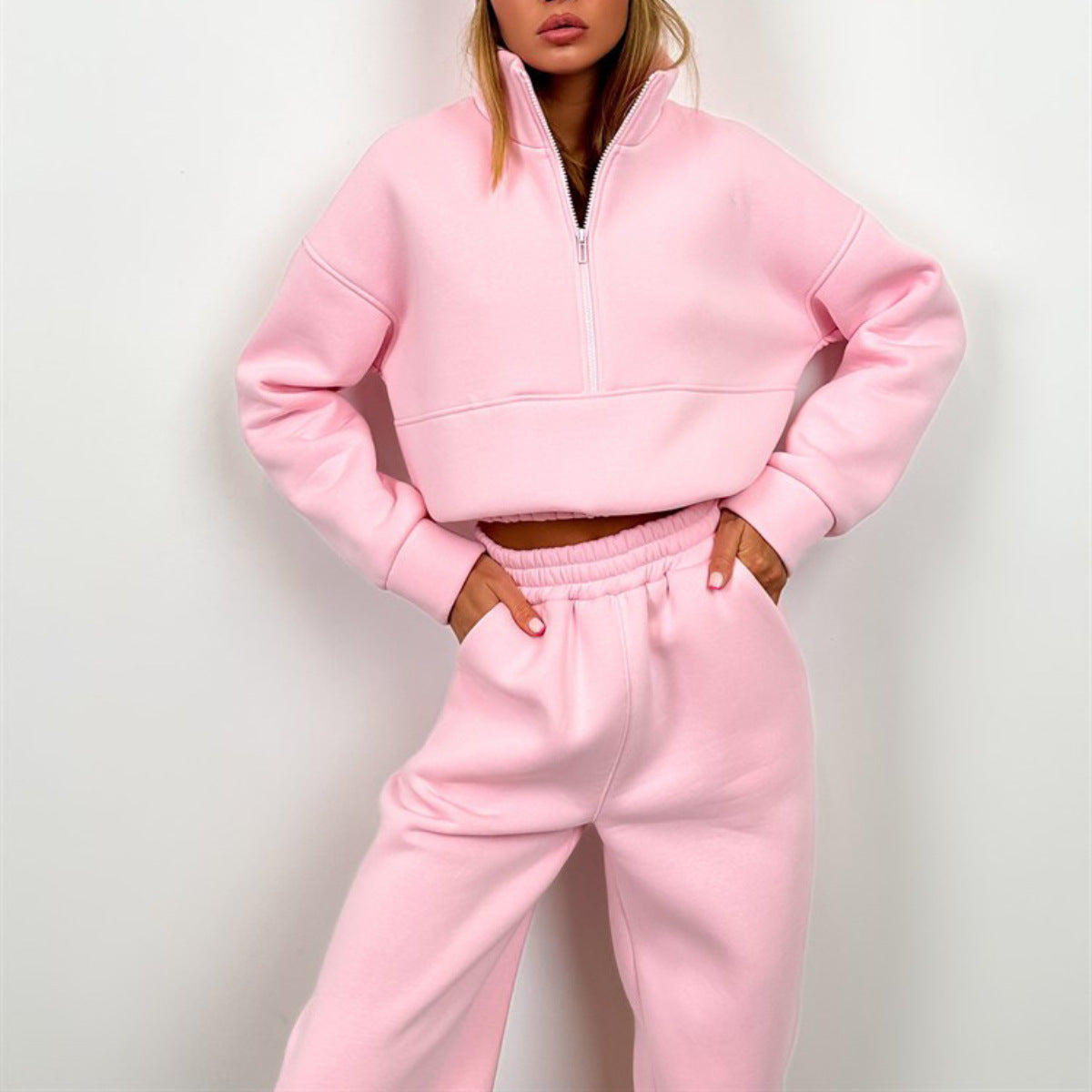 Damen sportliches Fleece-Set mit hohem Kragen und elastischem Bund WW