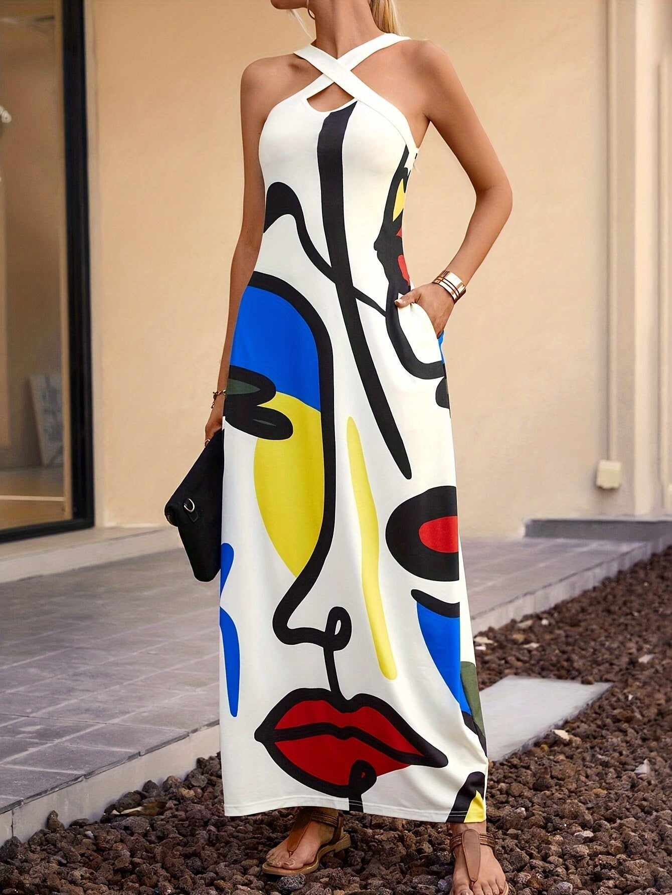 Damen Maxikleid mit künstlerischem Grafikdruck und verführerischem Schnitt WW