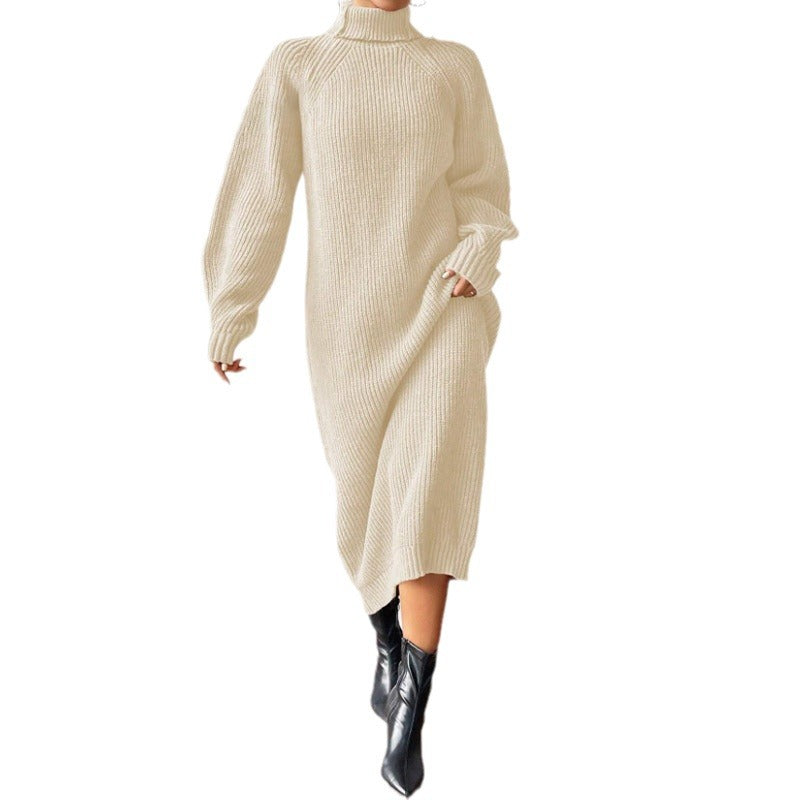 Damen Strickkleid mit hohem Kragen und weiten Ärmeln WW