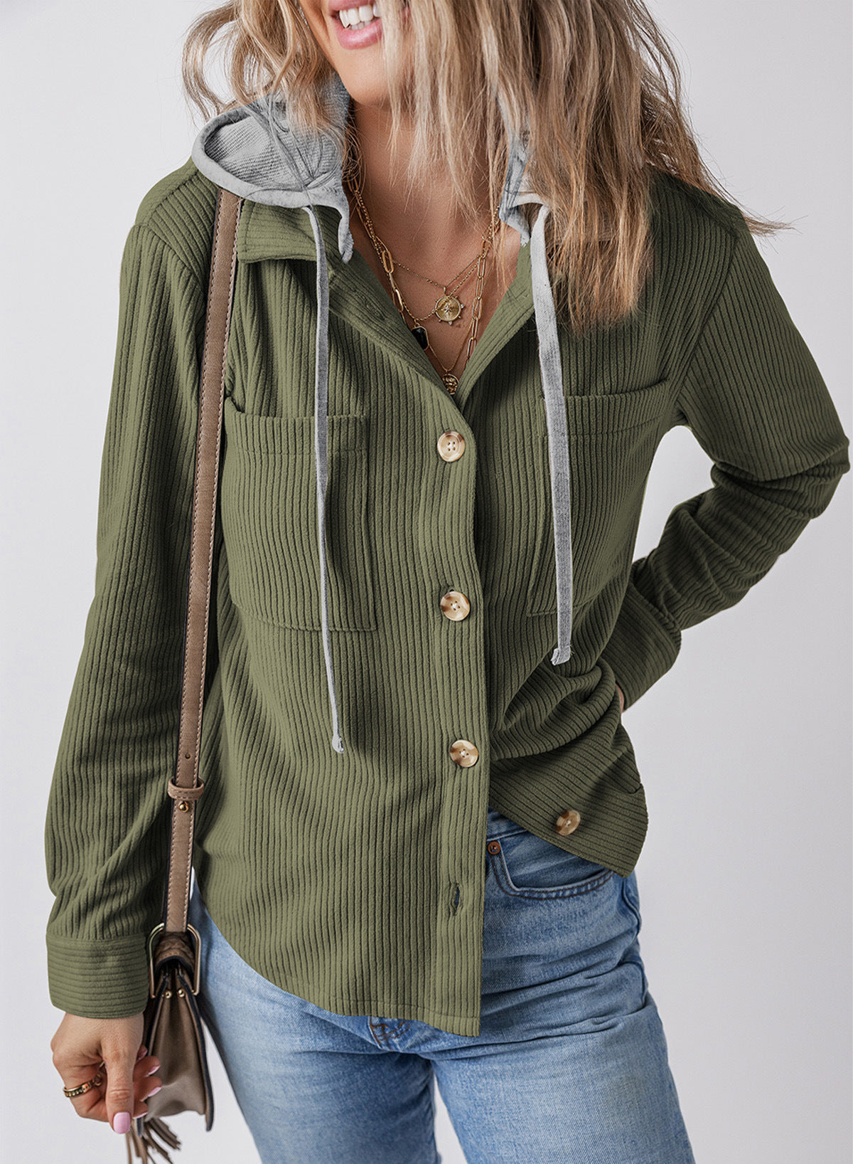 Damen lässige Oversized-Hemdjacke mit Kapuze und strukturiertem Stoff WW