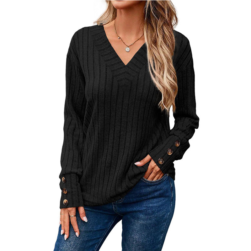 Damen V-Ausschnitt Knopf-Detail gestreifter Pullover WW