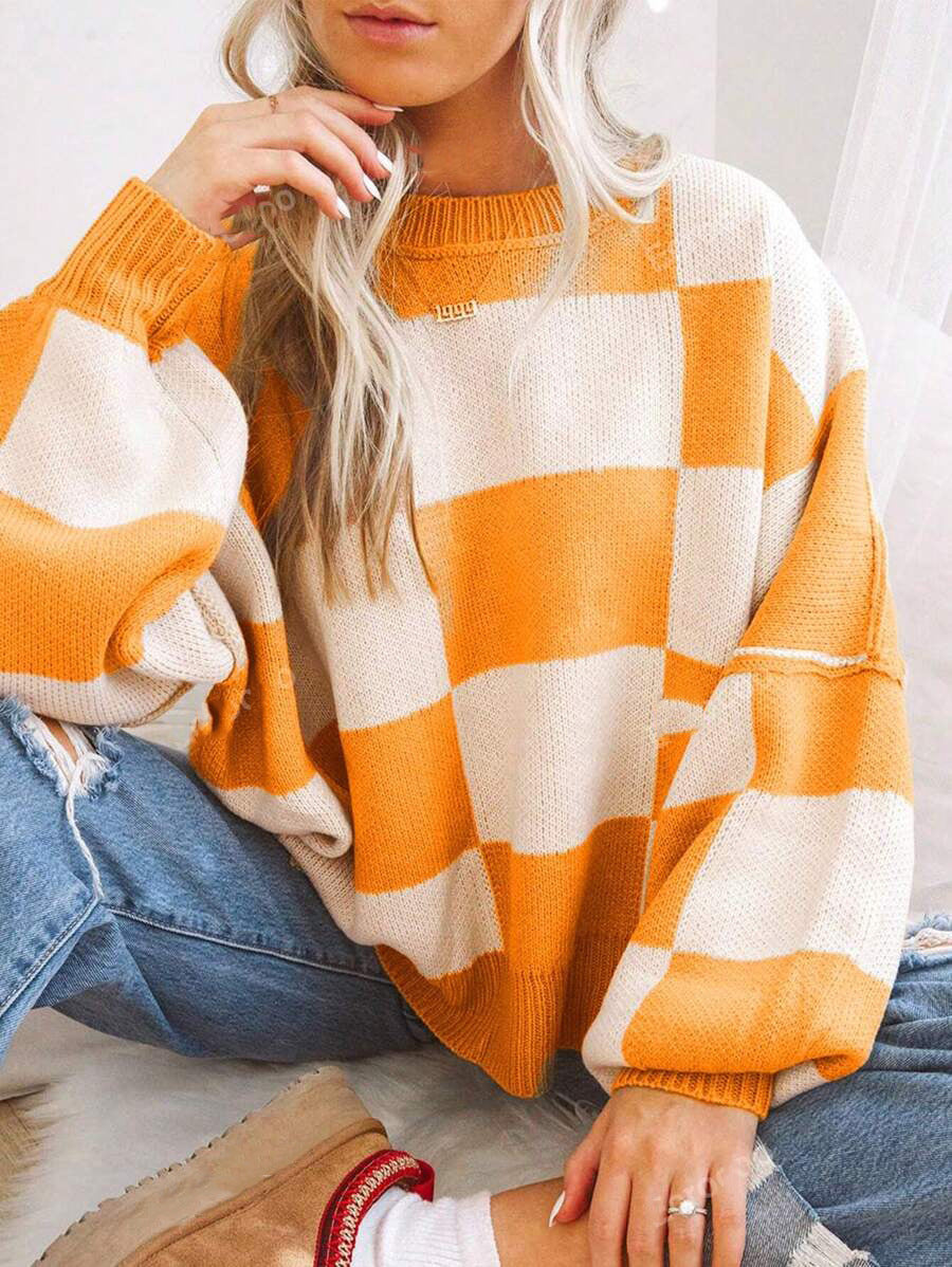 Damen modischer Pullover mit Karomuster und weitem Schnitt WW