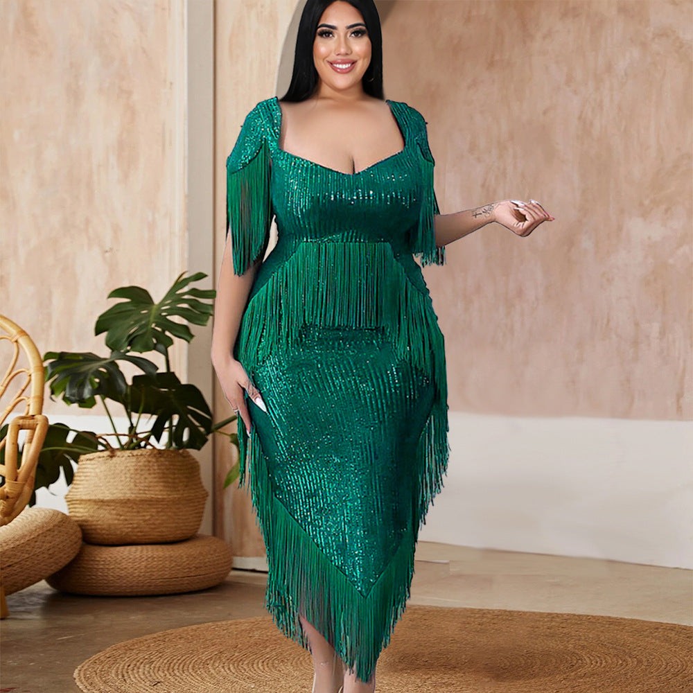 Damen Abendkleid mit schimmernden Fransen und Elegantem Schnitt WW