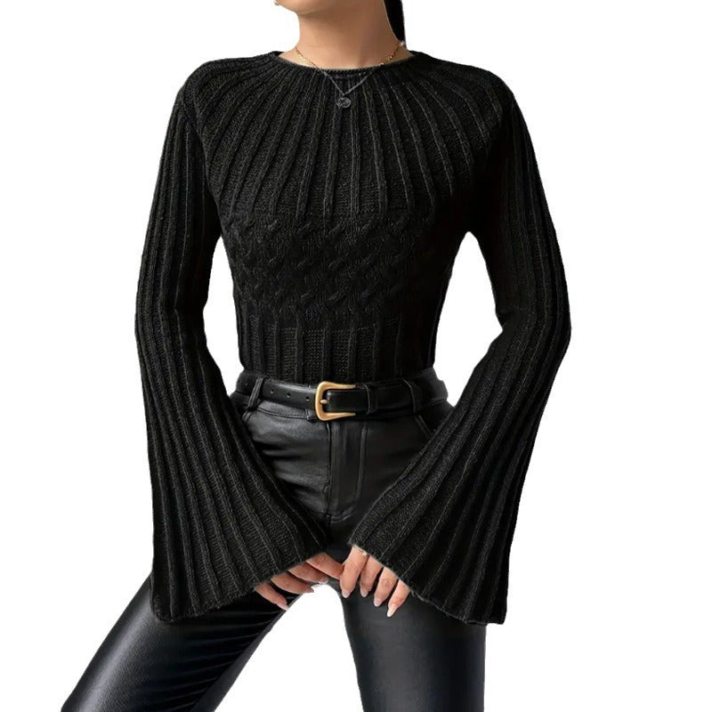 Damen Strickpullover mit weitem Ärmel und Zopfmuster WW