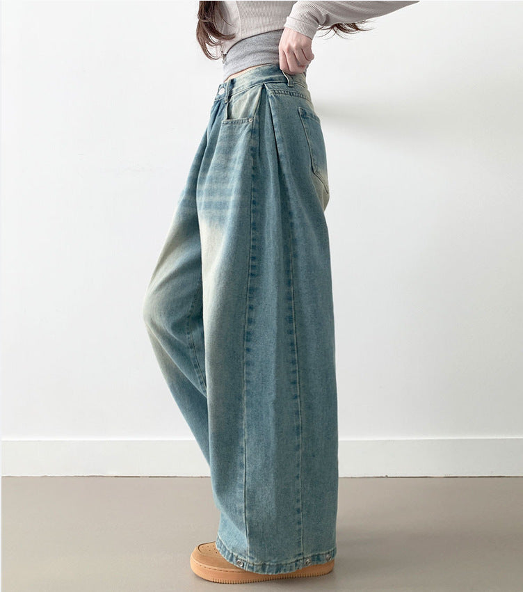 Damen Weite High-Waist Denim-Hose mit Faltenwurf WW