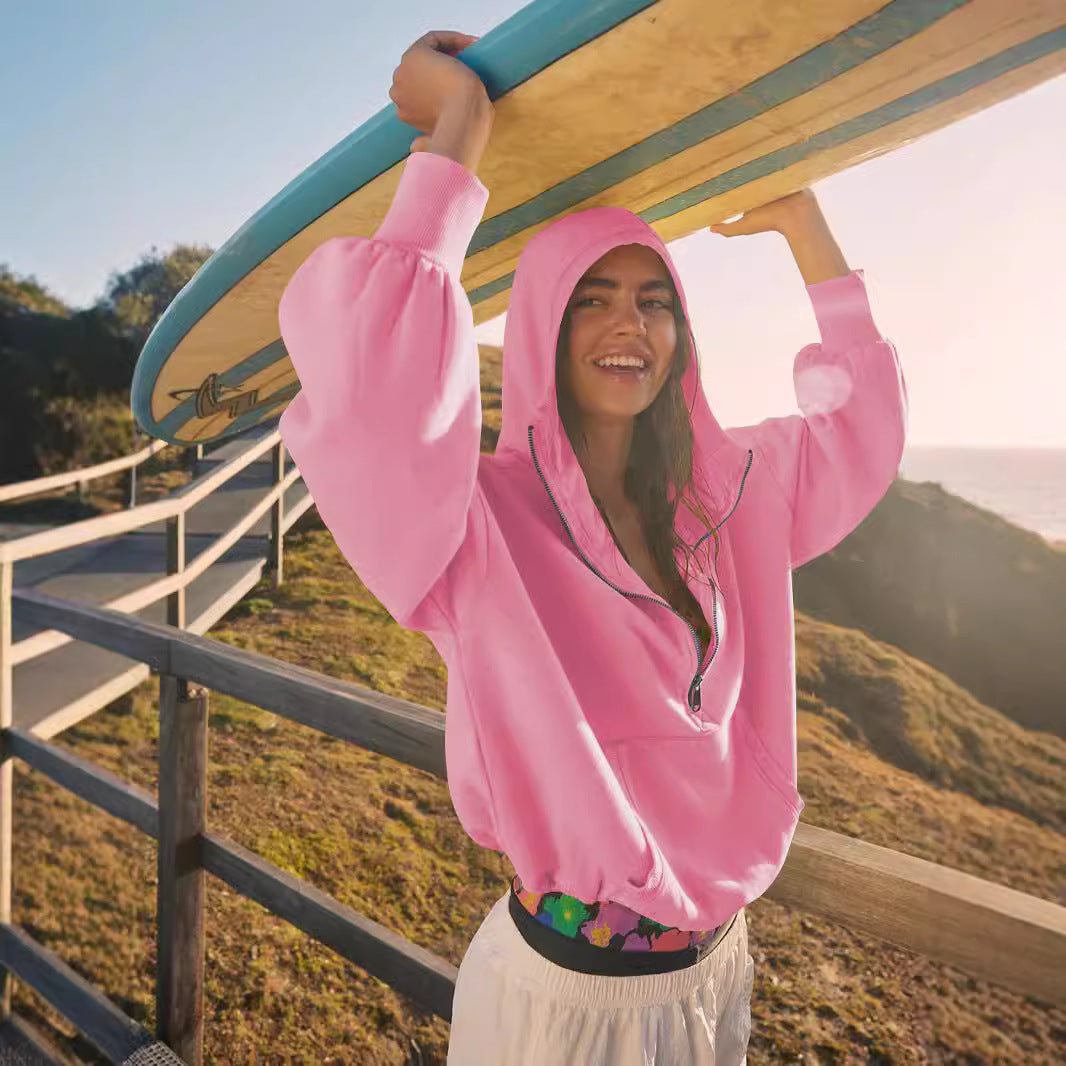 Damen Oversized Sweatshirt mit hohem Kragen und Reißverschluss WW