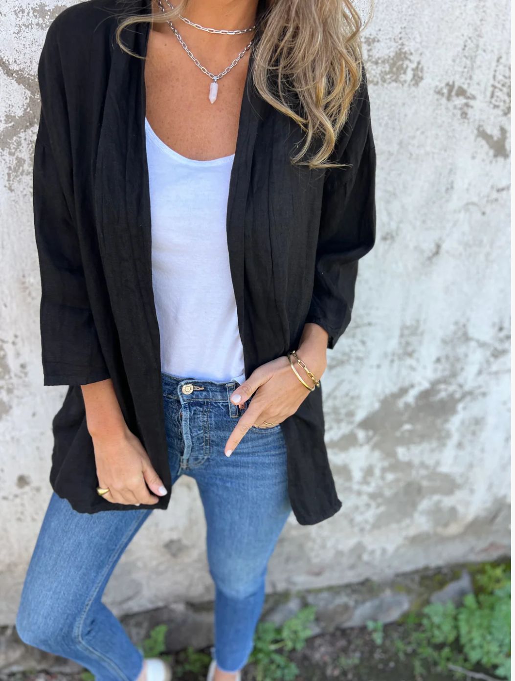 Damen luftige Leinenjacke mit offenem Schnitt und langen Ärmeln WW