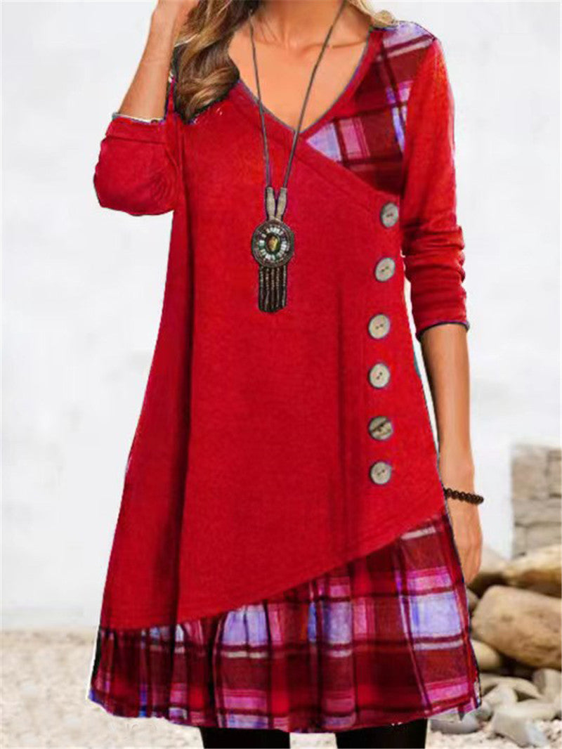 Damen modisches Wickelkleid mit Karomuster und Knopfdetails WW