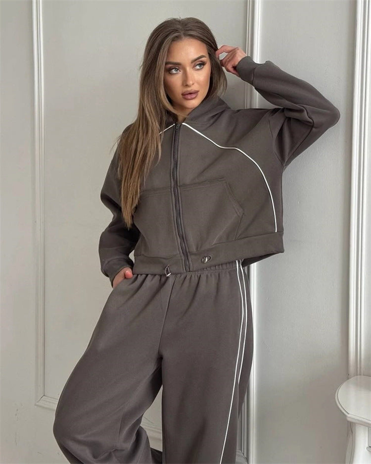Damen sportlicher Kapuzenjacken- und Jogginghosen-Set mit modernem Design und praktischen Taschen WW