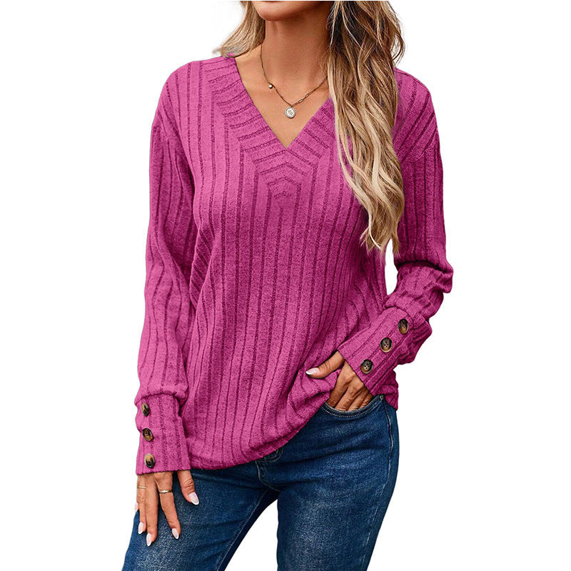Damen V-Ausschnitt Knopf-Detail gestreifter Pullover WW