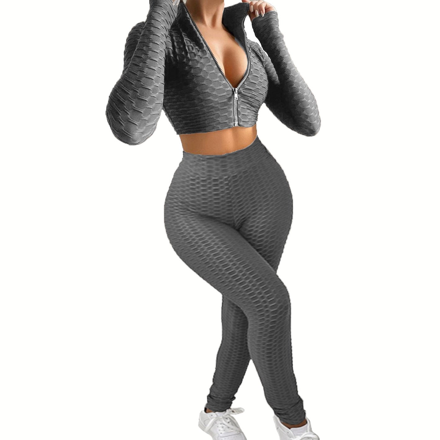 Damen Sportliches Zwei-Teiliges Set mit hochgeschlossenem Reißverschluss und strukturierter Oberfläche WW