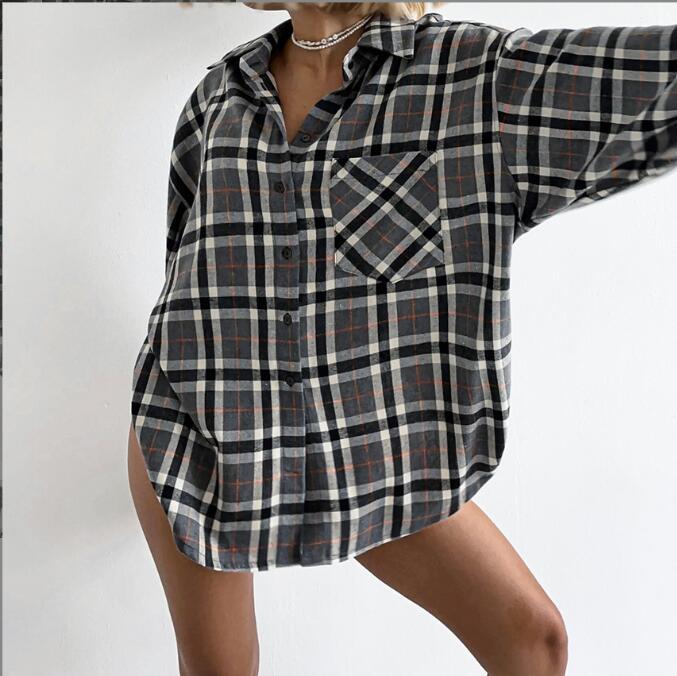 Damen lässige Flanell-Hemdbluse mit Übergröße und Karomuster WW