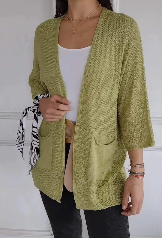 Damen lässige Strickjacke mit offener Vorderseite und praktischen Taschen WW