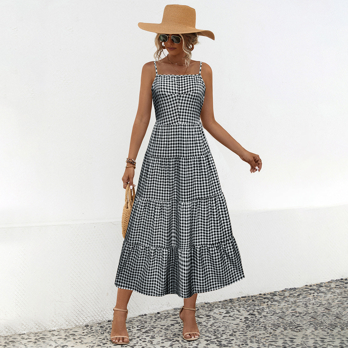 Damen Maxikleid mit kariertem Design und luftigen Rüschen WW