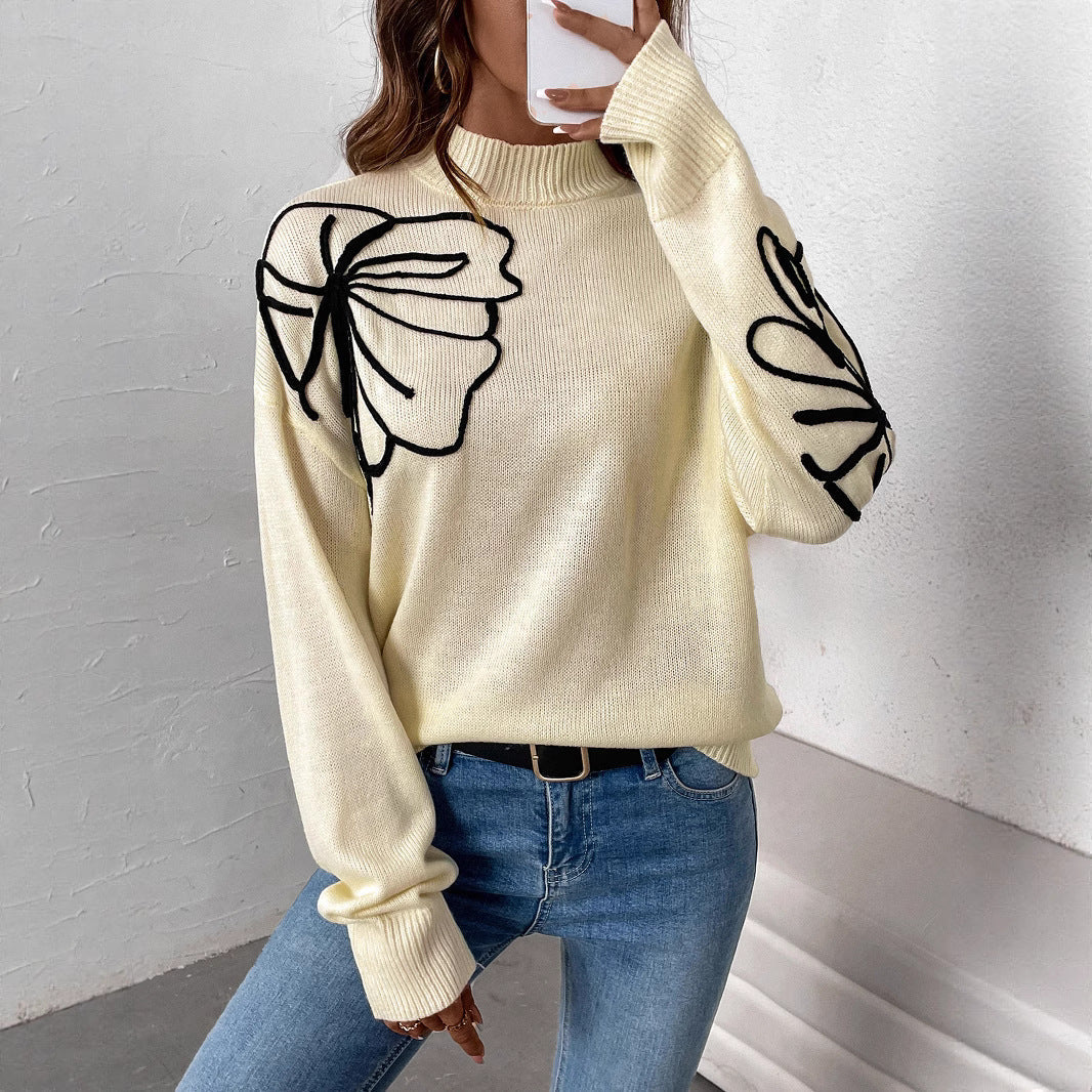 Damen modischer Strickpullover mit floralen Akzenten und hochgeschlossenem Kragen WW