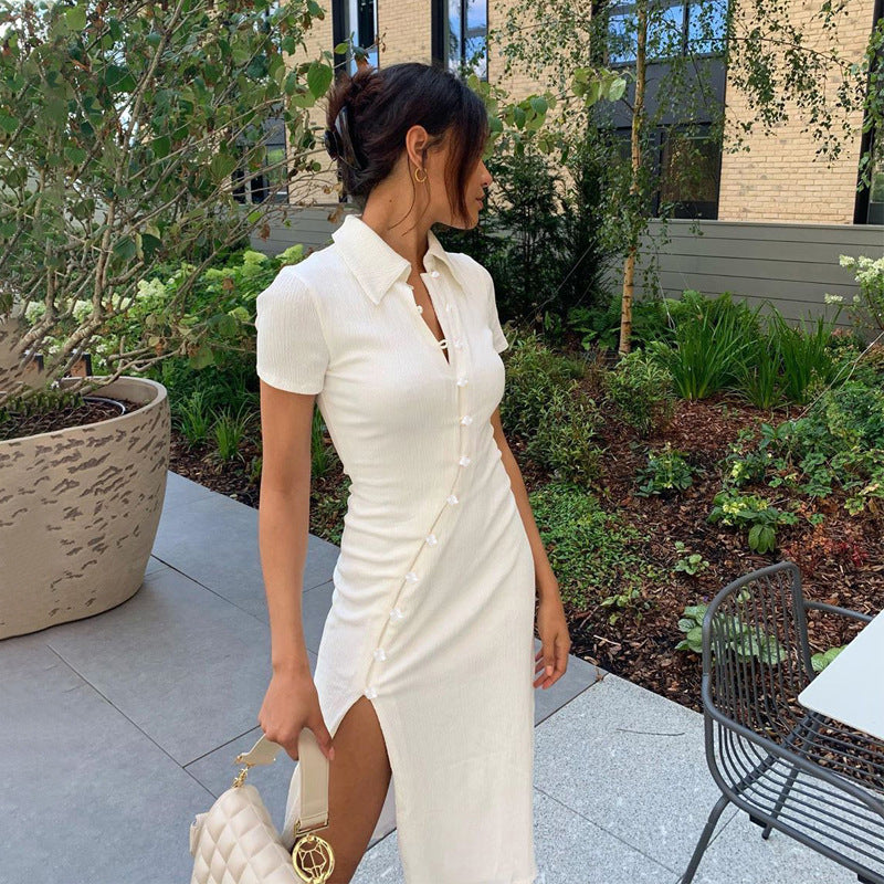 Damen figurbetontes Maxikleid mit Knopfleiste und Beinschlitz WW