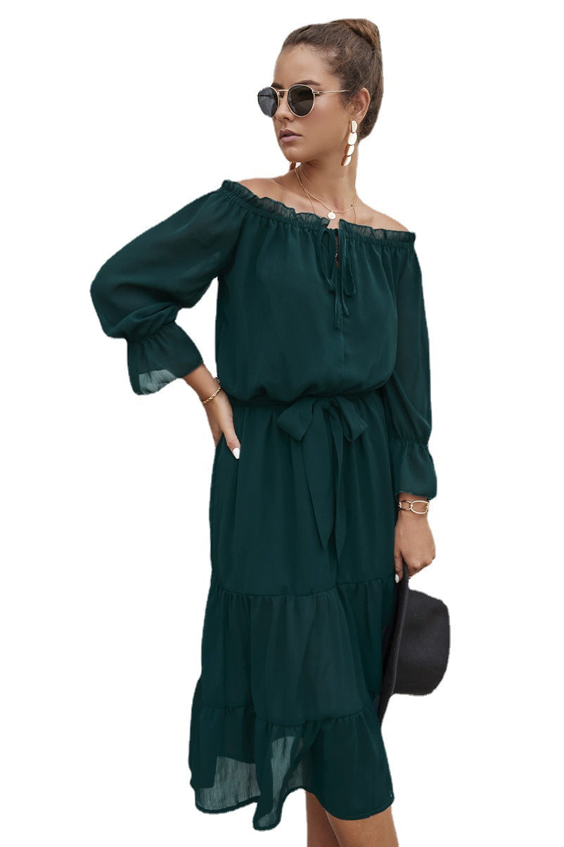 Damen Off-Shoulder Maxikleid mit eleganter Taillierung und voluminösen Rüschendetails WW
