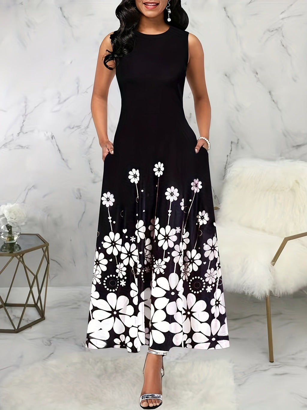Damen Maxikleid mit elegantem Floralprint und praktischen Taschen WW