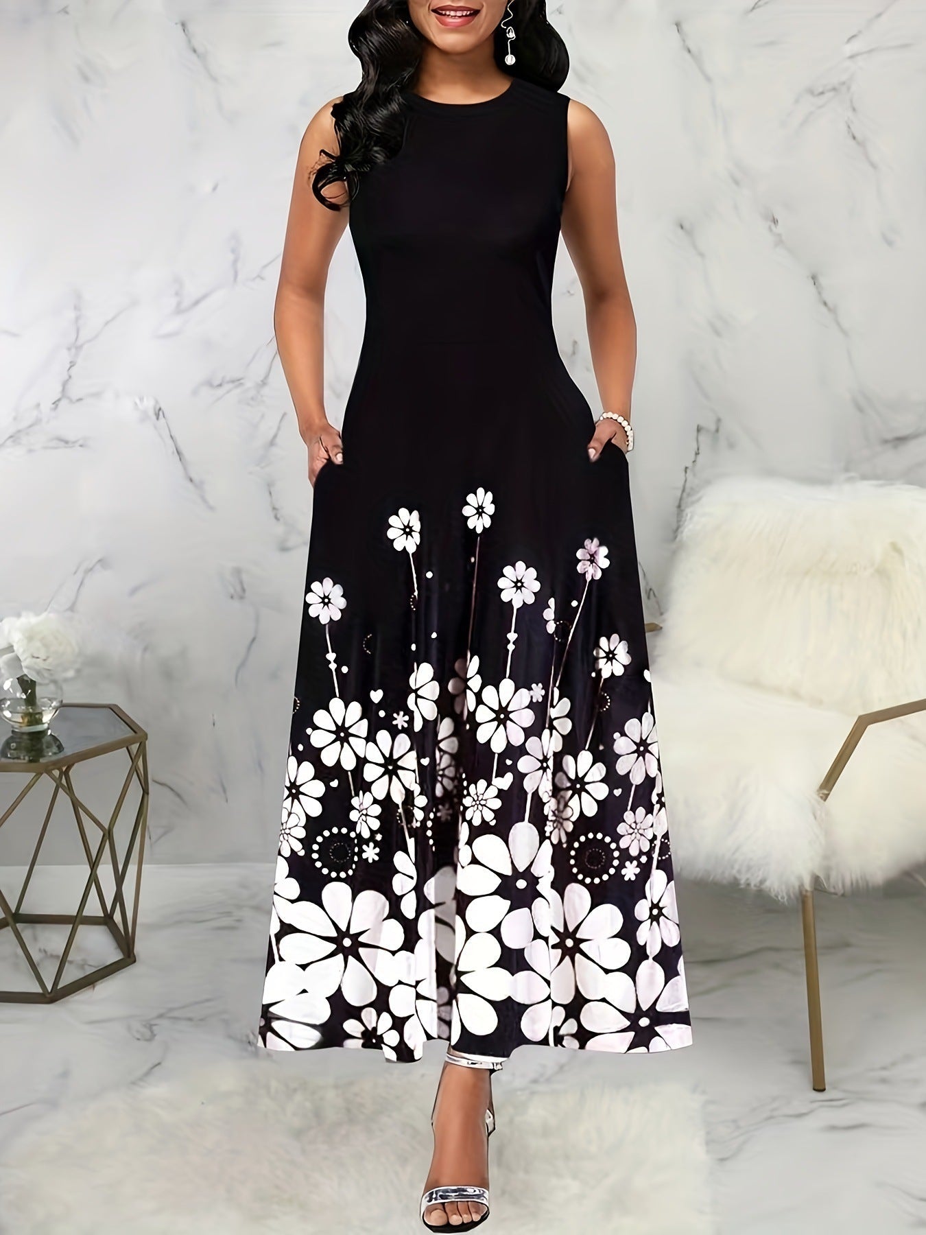 Damen Maxikleid mit elegantem Floralprint und praktischen Taschen WW