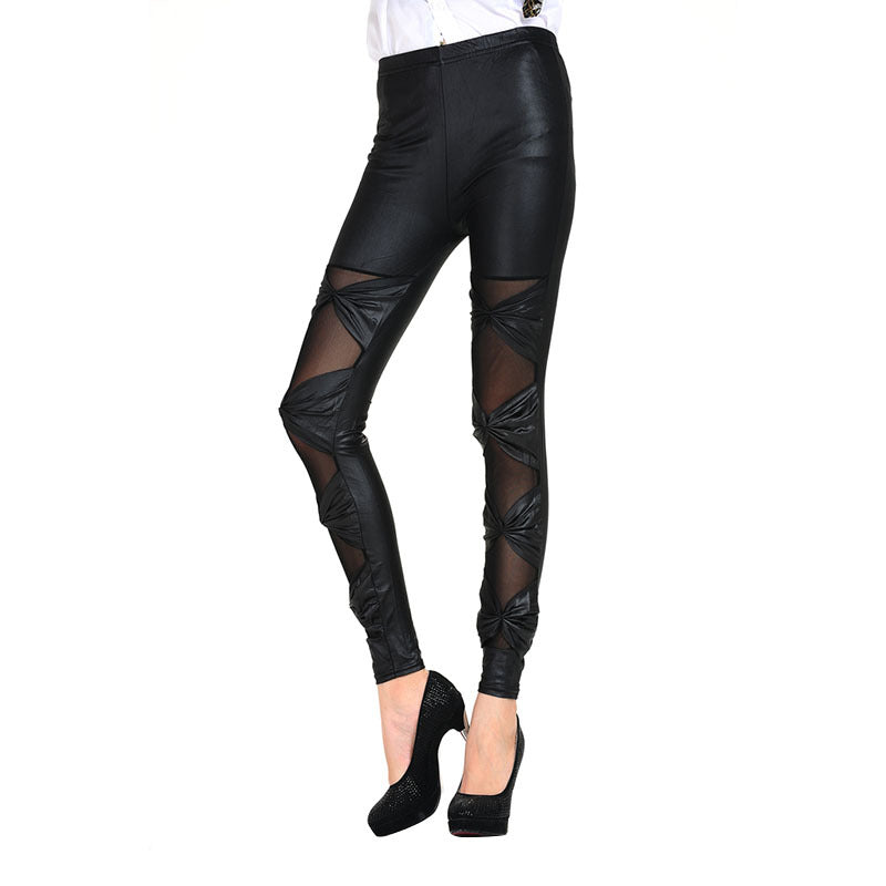 Damen Leggings mit transparenten Einsätzen und dekorativen Knoten WW