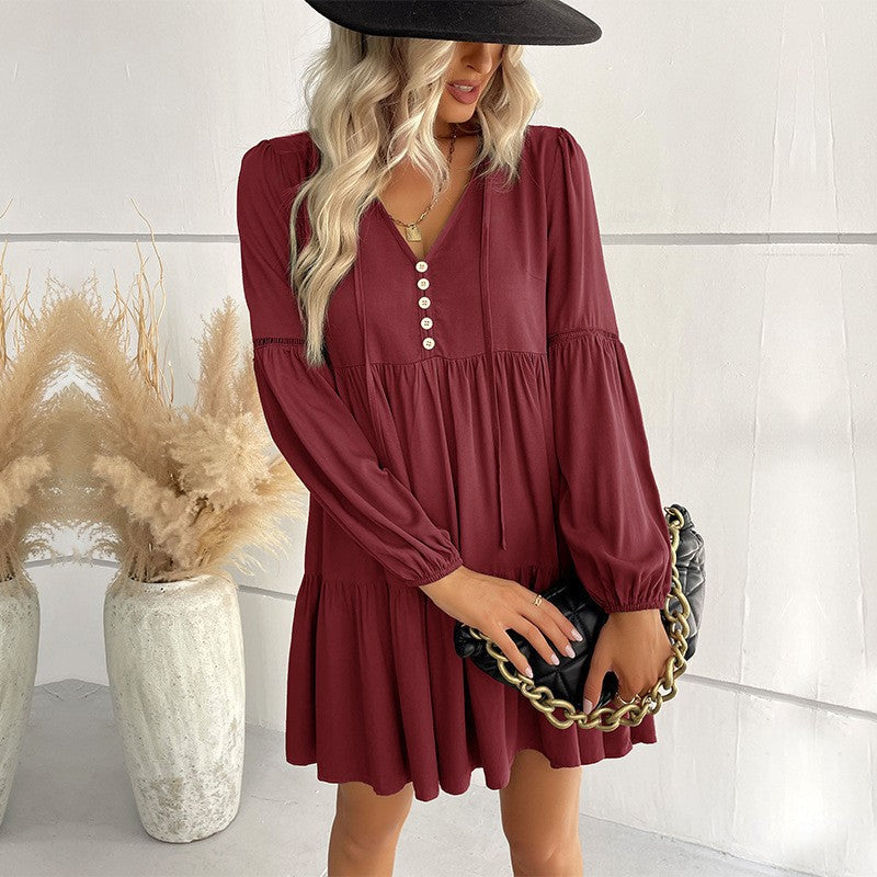 Damen lässiges Kleid mit Knopfdetails und voluminösen Ärmeln WW