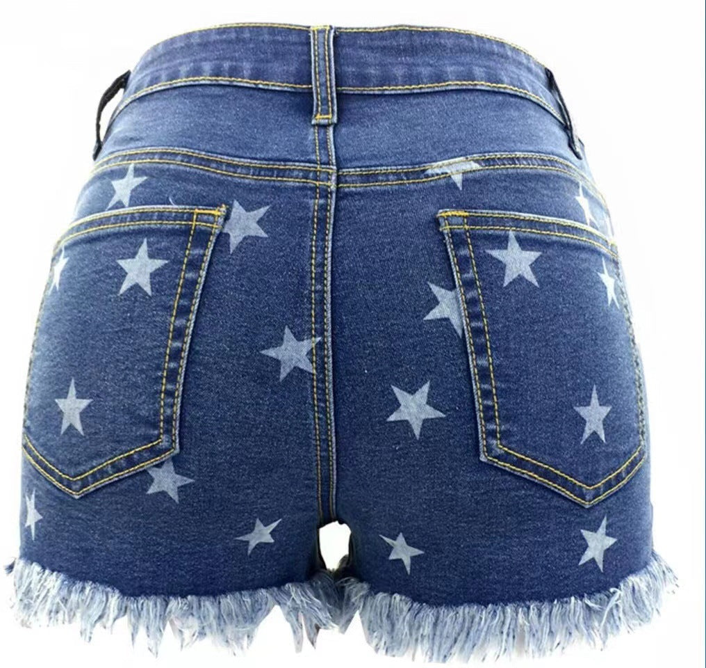 Damen Jeans-Shorts mit verspieltem Sternen-Design und Fransenabschluss WW