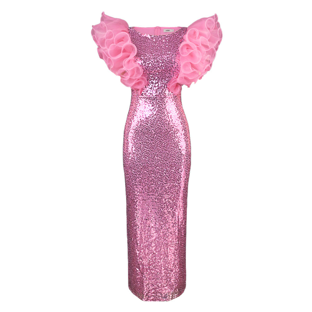 Damen Abendkleid mit glitzerndem Paillettenbesatz und voluminösen Rüschenschulter WW