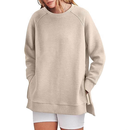 Damen lässiger Sweatshirt mit Seitentaschen und Reißverschluss WW