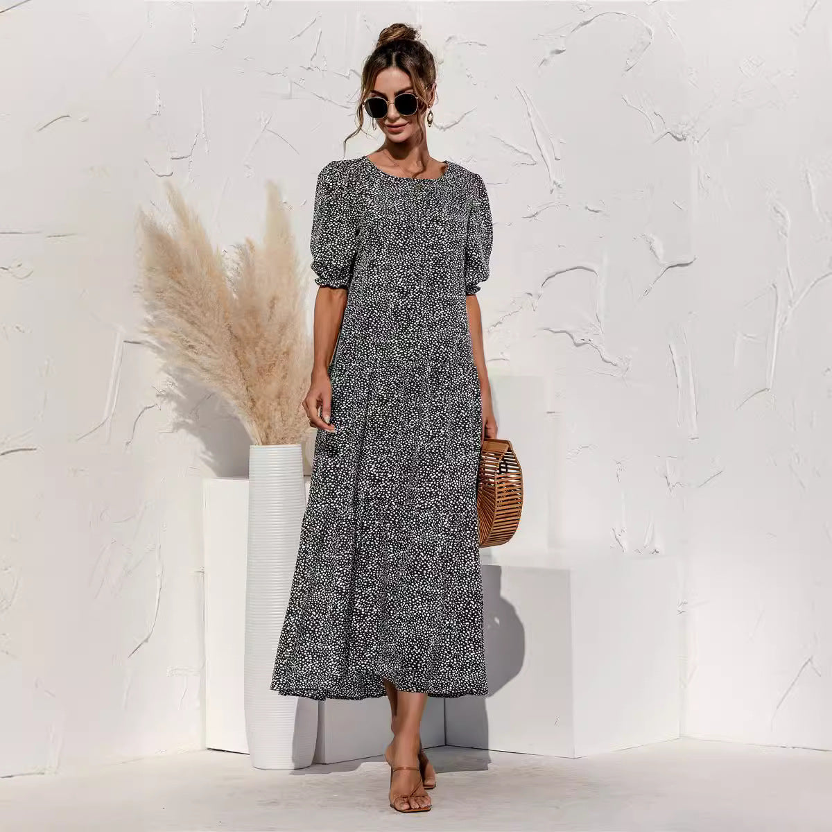 Damen Maxikleid mit Karomuster und voluminösen Puffärmeln WW
