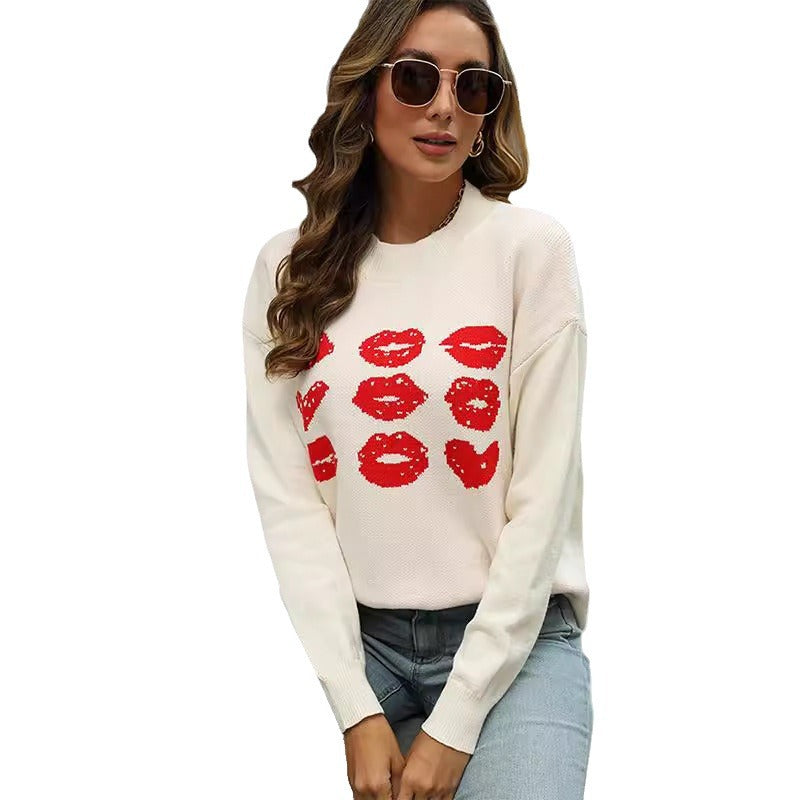 Damen Strickpullover mit glitzerndem Lippen-Motiv WW