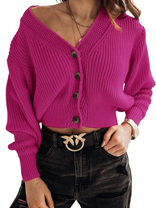 Damen modischer Grobstrick-Pullover mit Knopfleiste und tiefem V-Ausschnitt WW
