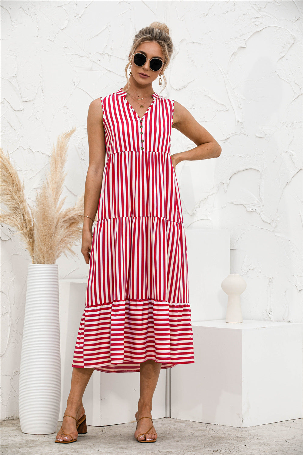 Damen Maxikleid mit verspieltem Streifenmuster und Knopfleiste WW