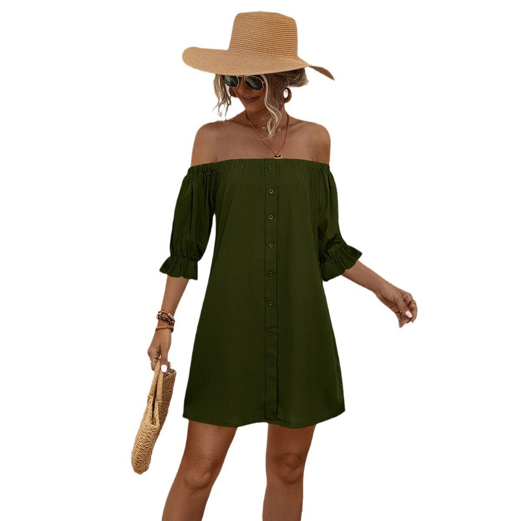 Damen Off-Shoulder Kleid mit knöpfbarem Design und luftigen Ärmeln WW