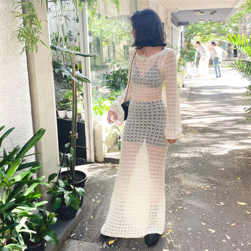 Damen Transparente Maxikleid mit strukturiertem Häkelmuster WW