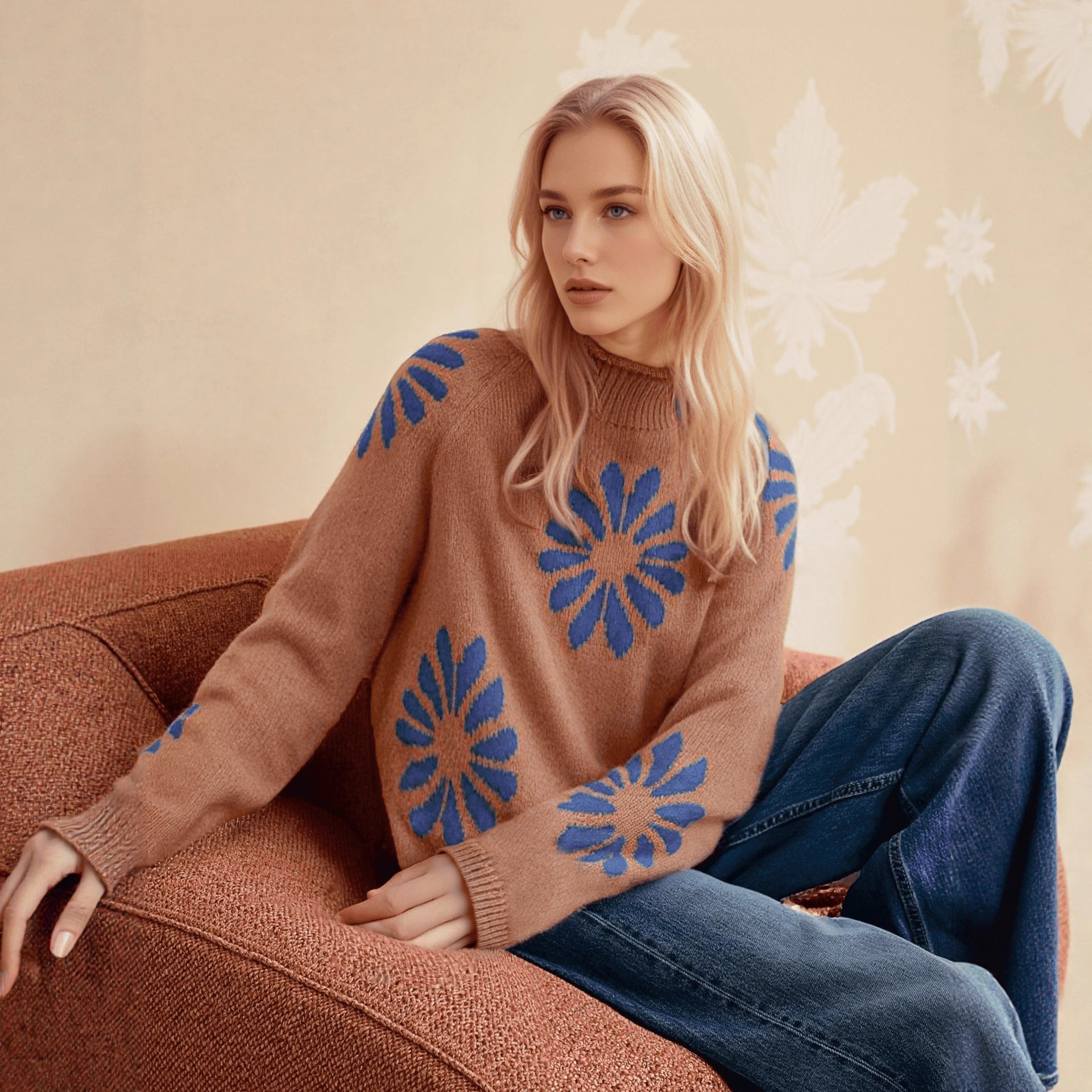 Damen farbenfroher Strickpullover mit floralem Muster WW